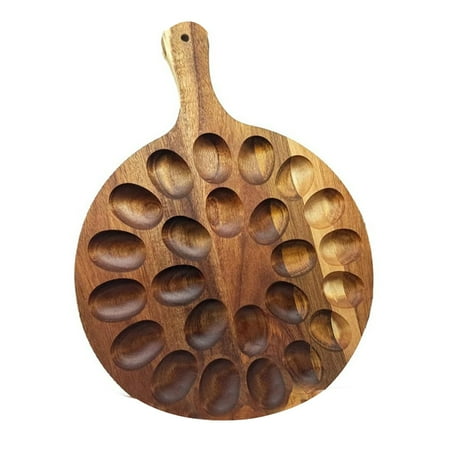 

PASILI Egg Platter Storage Tray Round Wooden Plate with Handle 24 Deviled Egg Holder