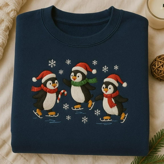 Christmas Penguin Embroidered Sweatshirt, Ice Skating Hoodie, Cute Holiday Penguin Crewneck, Winter Animal T-Shirt, Festive Bird Gift