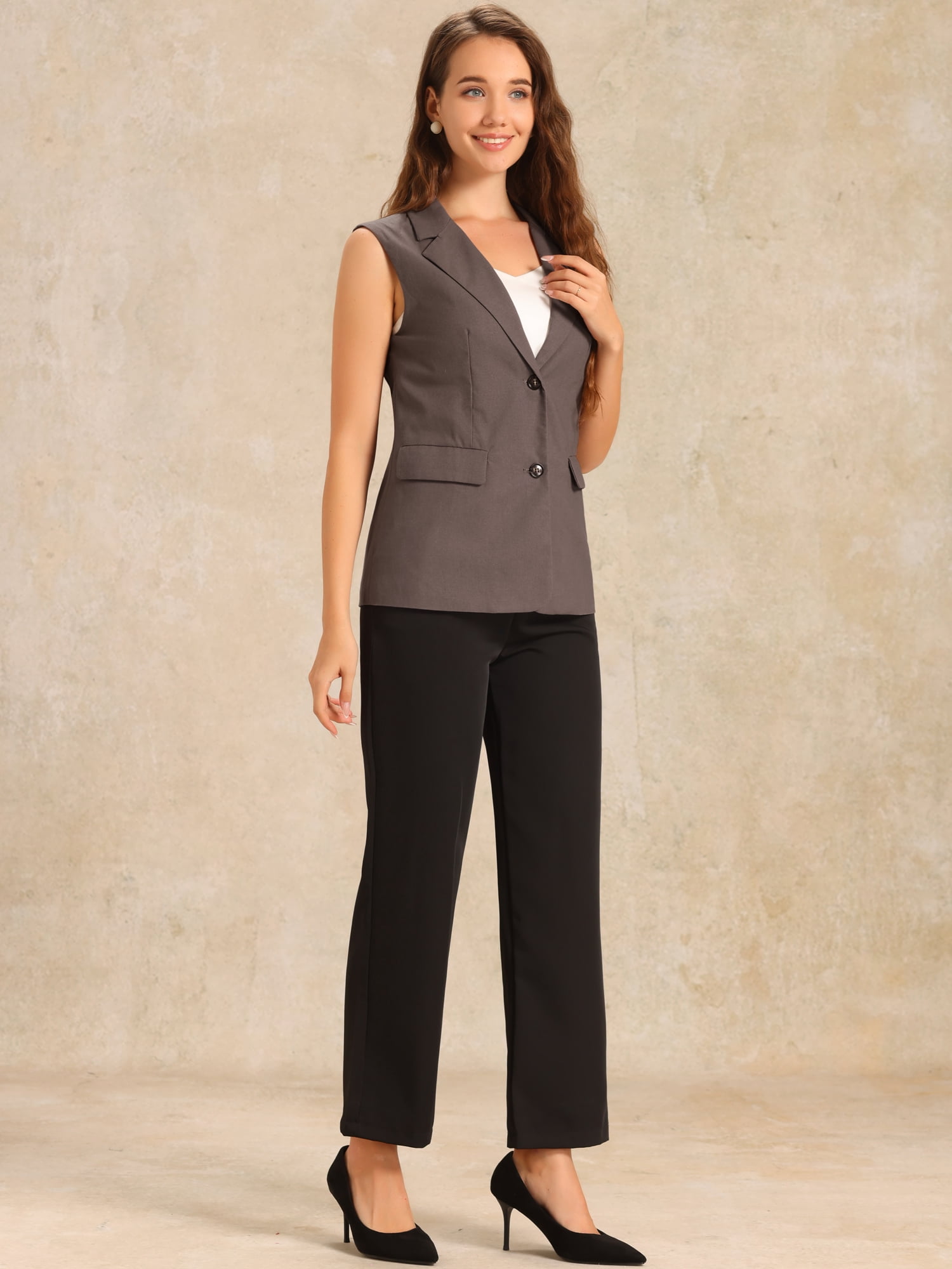 DARING DIVA Sleeveless Blazer for Women's Work Office Suit Vest Jacket XS Grey Brown