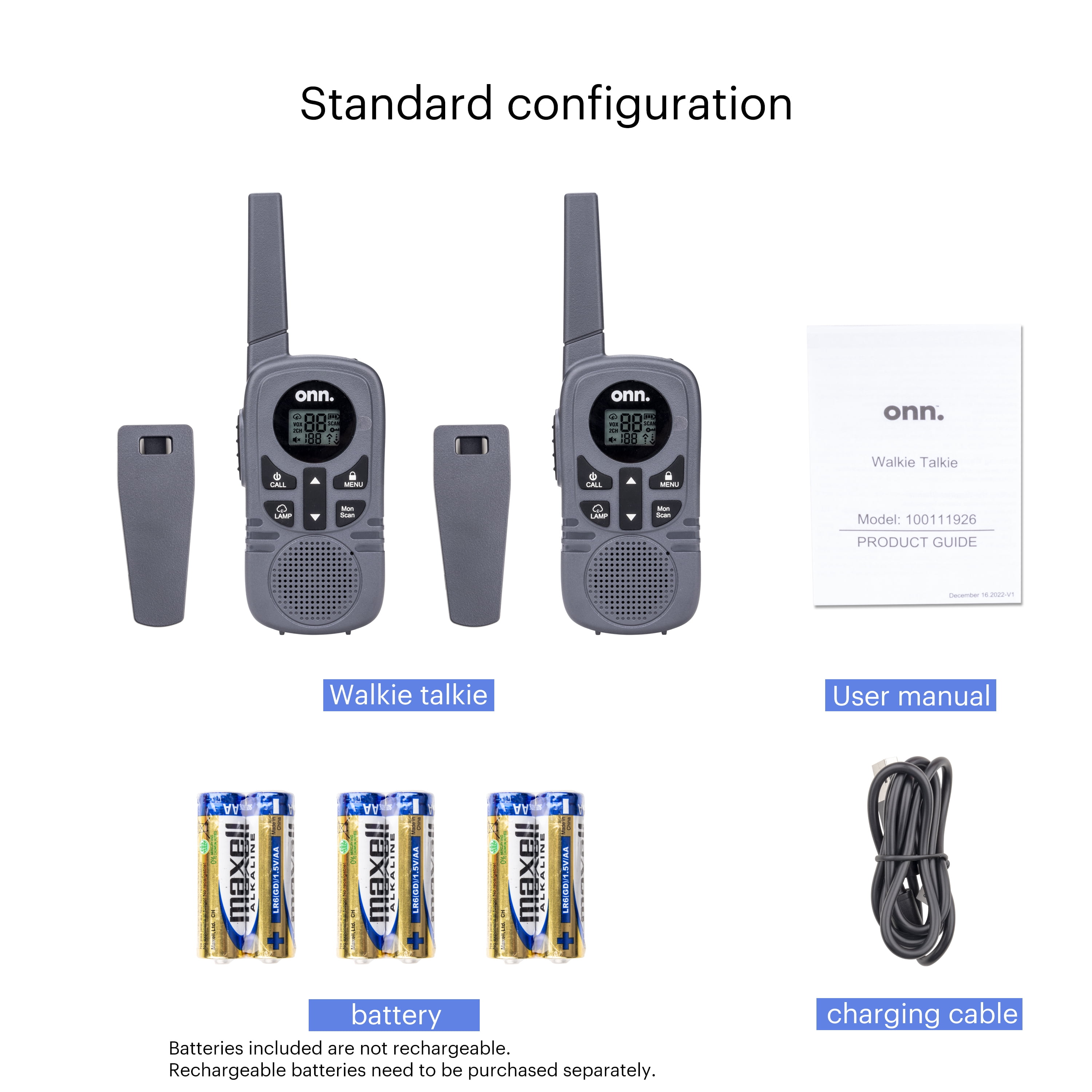 onn Walkie Talkies 16 mile Range With Two Way Radios, LED Light, 121 Privacy Channels, 2 Count