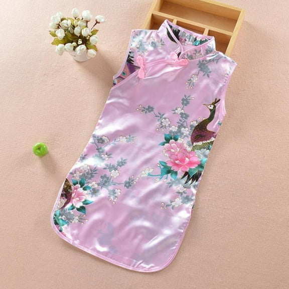 KDJ Toddler Chinese Girl Sleeveless Floral Peacock Cheongsam Qipao Dress Clothes