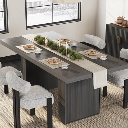 70.8 Modern Wood Rectangular Dining Table 6-10 Seaters Dinner Table with Fluted Legs & Integrated Storage for Kitchen Dining Room(Table Only)