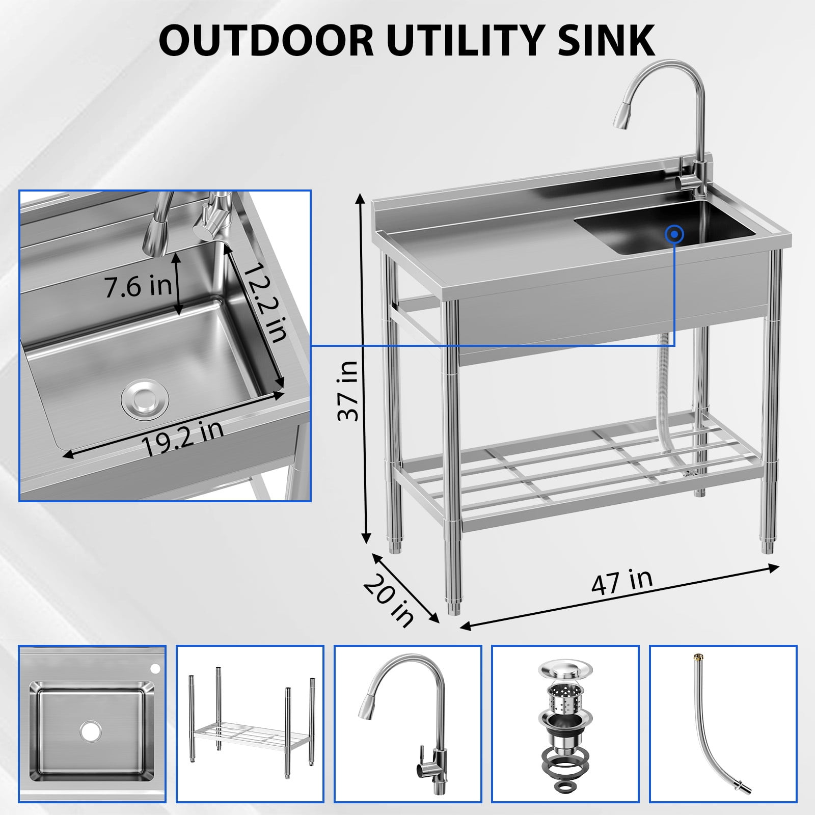Garvee Utility Sink,47"x20"x37" Freestanding Single Bowl Kitchen Sink with Faucet & Drainboard,Stainless Steel Sink with Storage Shelves for Laundry Room Bathroom Farmhouse
