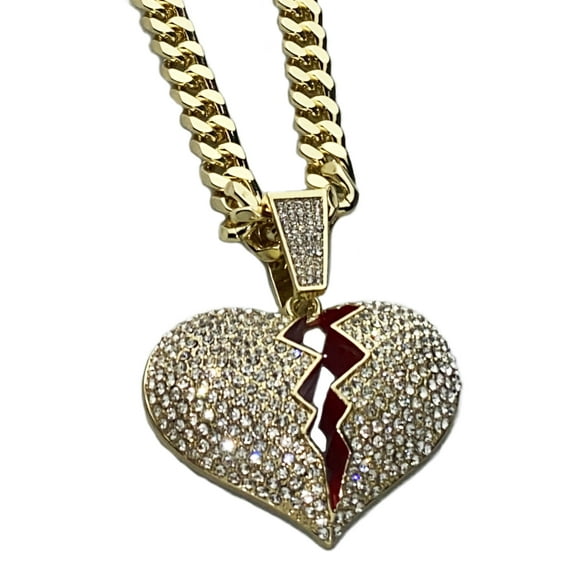 Huge Broken Heart Iced Pendant Cuban Link Chain Gold Finish Hip Hop Necklace 30" inch
