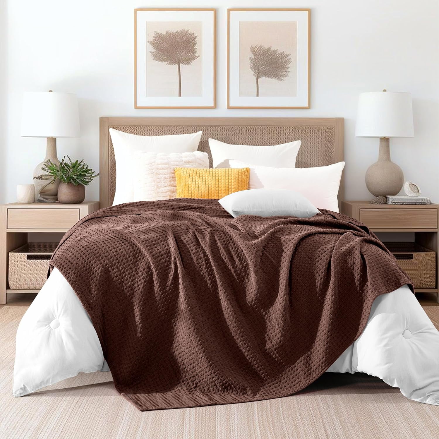 Elegant Comfort Cotton Waffle Blanket, Lightweight All-Season Bed Blanket,Full Size 88x88 Inches, Brown
