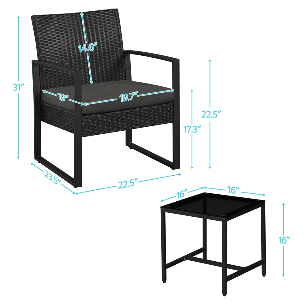 Renwick 3-Piece Patio Set Rattan Chairs & Table for Outdoor, Black/Gray