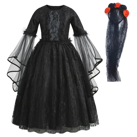 Evil Queen Costume for Girls Lace Devil Ghost Tulle Birthday Dress up, 3-9Y