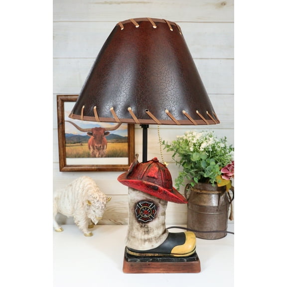 American Hero Fire Fighters Fireman Boot And Helmet Table Lamp With Laced Shade