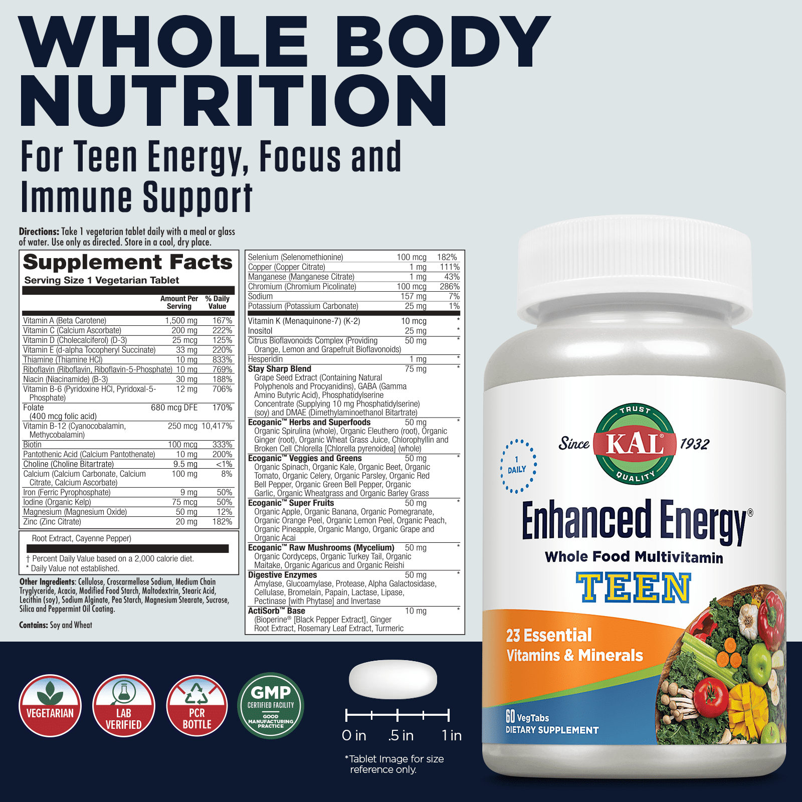 KAL Enhanced Energy Multivitamin for Teens | Memory & Concentration Blend | Equates to 3 Servings of Fruits & Veggies | 32 Ecoganic Foods | 60 Tablets
