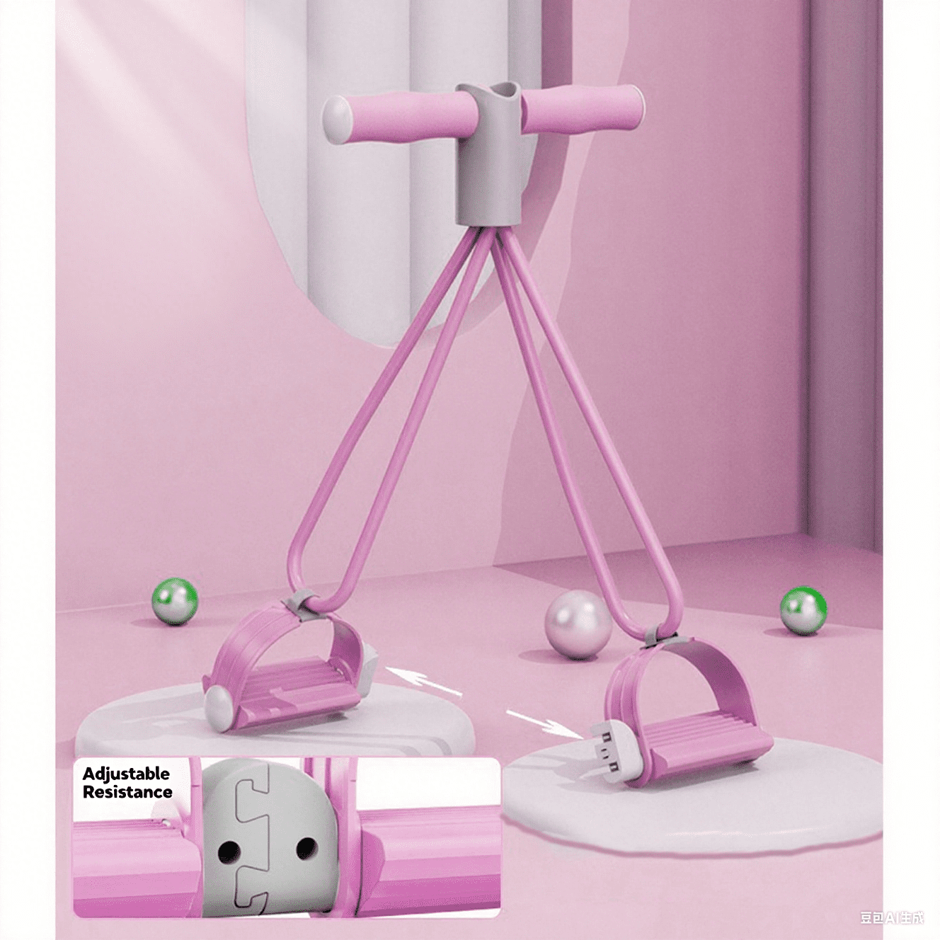 Pink Resistance Band Exercise System, 4-Tube Leg & Core Workout, Foot Pedal Pull Rope with Soft Grip Handles
