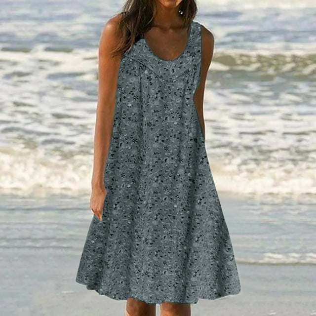 LSLJS Robe d'Été à Imprimé pour Femme à Manches Courtes, Col Ras du Cou, Robe Ample, Robe de Plage, Robe Soleil, Robe Midi Fluide à Volants, Robe d'Été pour Femme, Robe de Plage