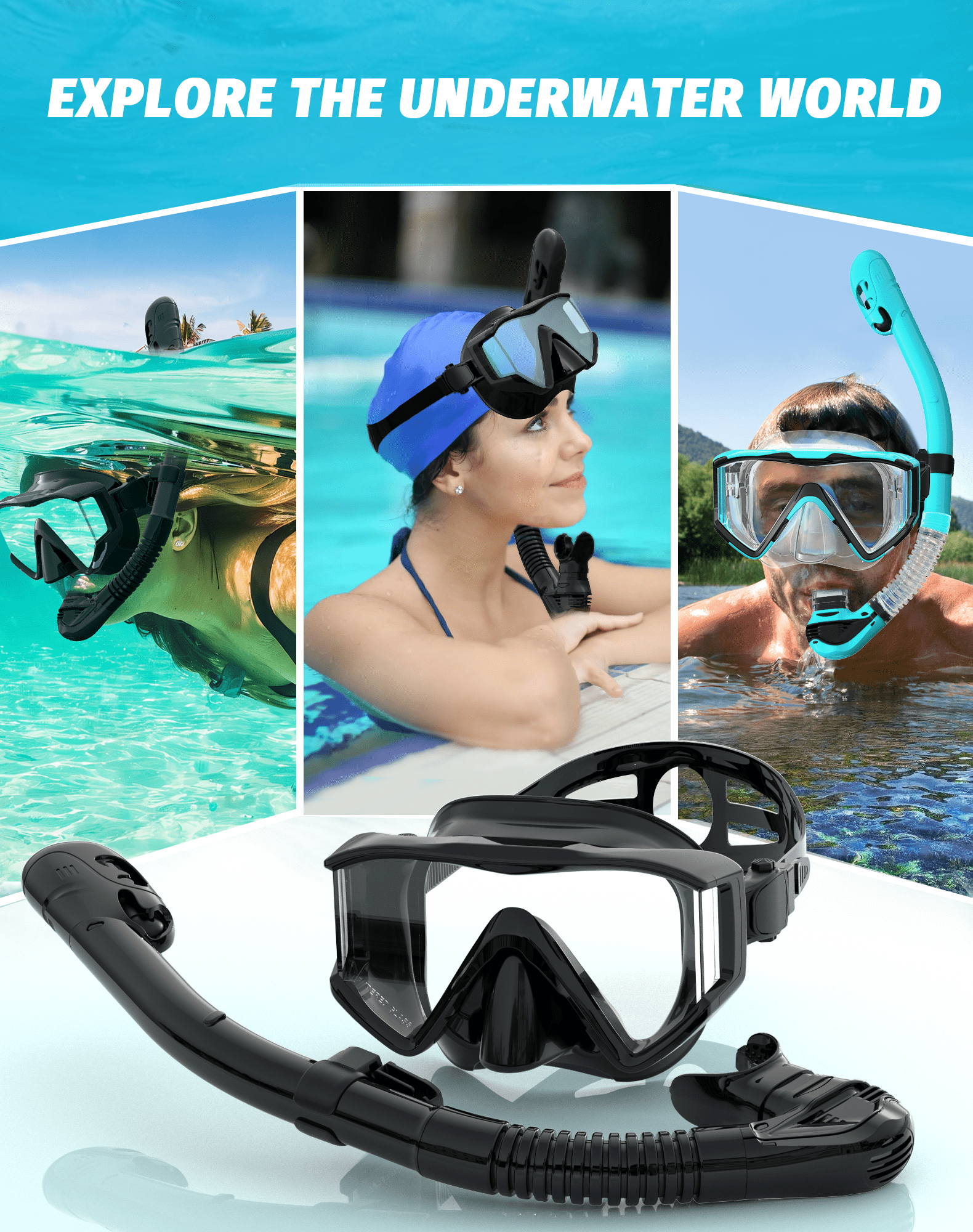 Greatever Snorkel Set Adults, 3 Window Panoramic View Snorkel Mask Anti-Fog, Leak-Proof Scuba Diving Mask with Mesh Bag, Dry Top Mask and Snorkel Set for Adult BLACK