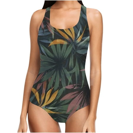 Clearance UTSJKR One Piece Swimsuit for Women Novelty Tropical Plant Print Bathing Suit Swim Beachwear Slimming Athletic Swimwear Army Green M