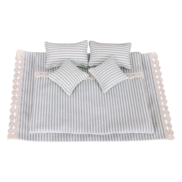 Juego de ropa de cama de simulación para casa de muñecas en miniatura de 1/12, sábana de tela, almohada y edredón. Verde Blanco