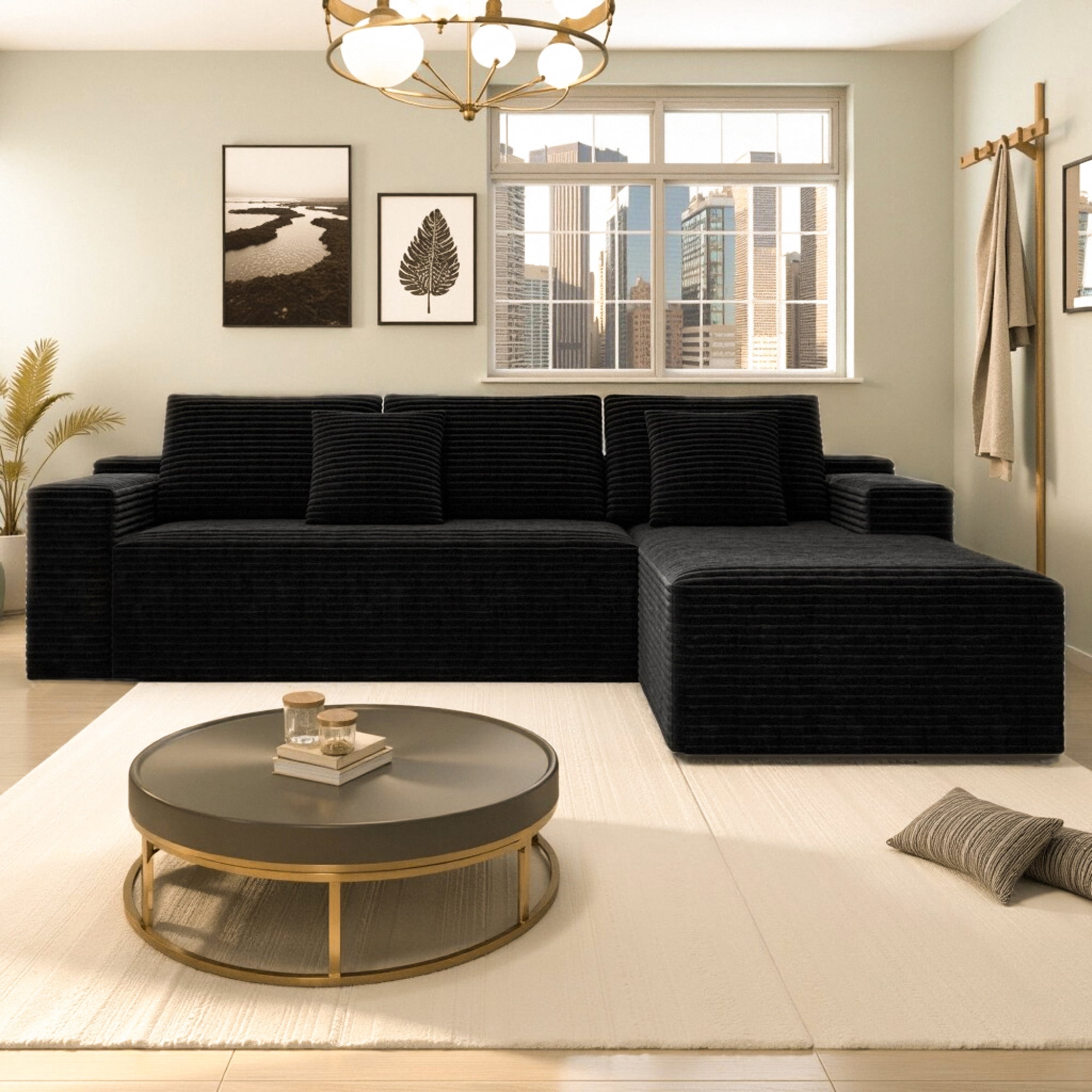 104" Modular Sectional Sofa,Oversized L-Shape Cloud Couch,Modern Corduroy Sleeper Couches Boneless Couches for Living Room,Bedroom,Apartmen,No Assembly Required,Black-Right Chaise
