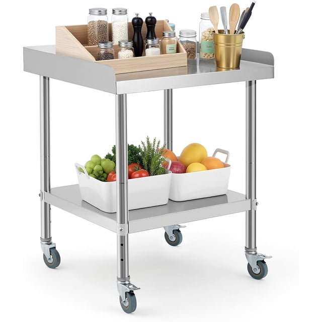 Chariot-gril Roulant en Acier Inoxydable de 24 Po x24 Po et Table de Préparation - Poste de Travail Commercial Robuste avec Tablette Inférieure et Dosseret Ajustables