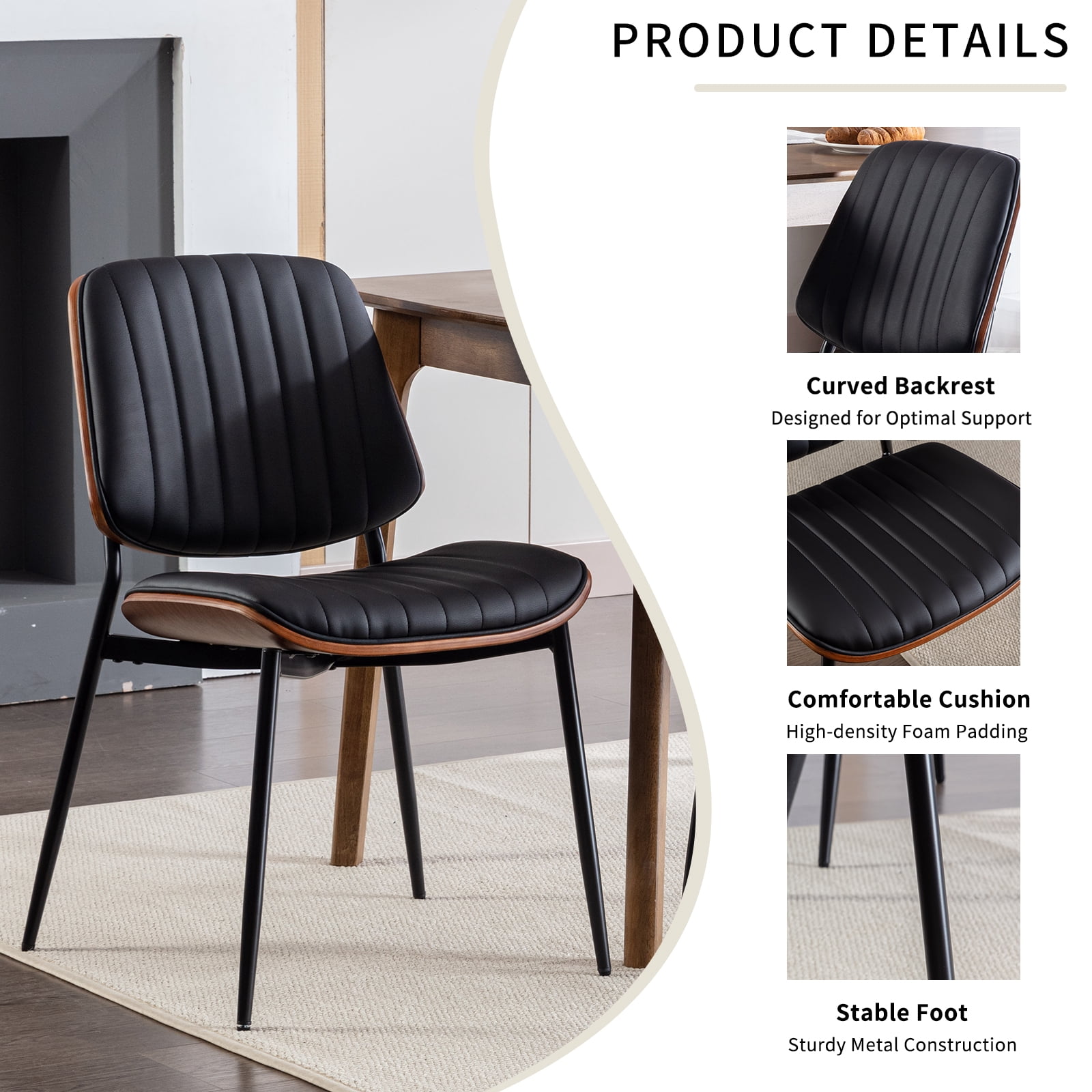 Mid Century Modern Dining Chairs Set of 6, Black Kitchen & Dining Room Chairs Set of 6, Upholstered PU Leather Kitchen Chairs for Dining Table, Sillas de Comedor, Metal Leg, Walnut Back(Black, 6 Pcs)