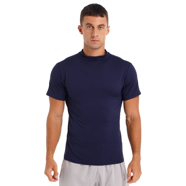 XUNZOO T-Shirt de Base à Col Montant Ajusté Décontracté Thermique pour Homme Col Roulé Léger à Manches Courtes Bleu TG