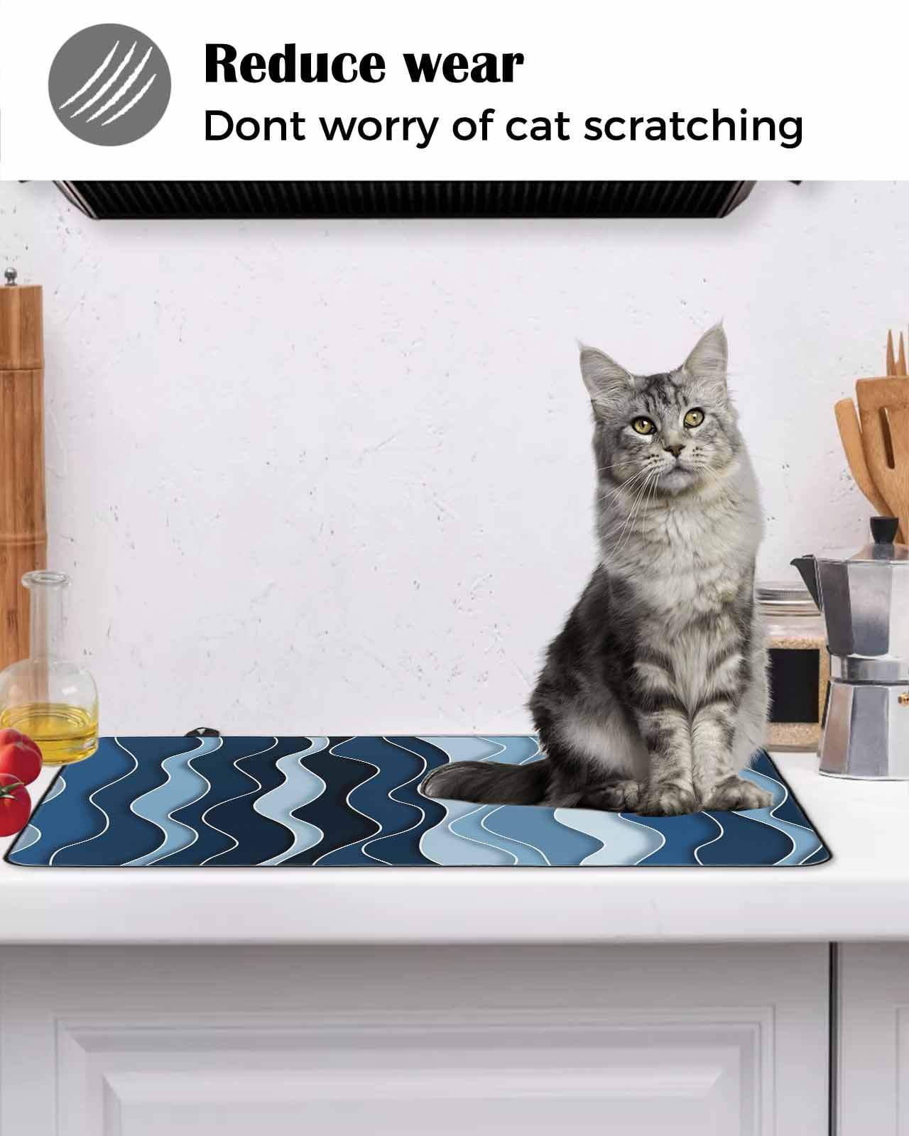 nqOlkjepod Large Induction Cooktop Protector Mat 36"x21", Abstract Blue Moire Stove Top Covers for Electric Stove, Gradient Coastal Ocean Geometric Waves Stove Burner Cover Mats Stove Cover