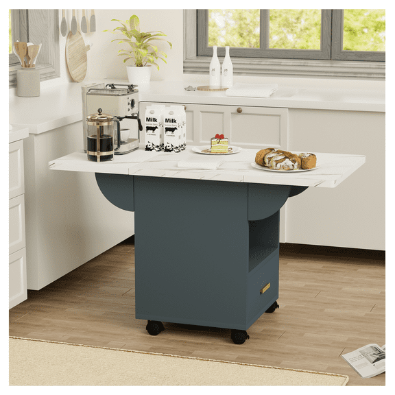 Folding Dining Table with Wheels, 39.4" Wood Drop Leaf Table, Extendable Kitchen Table with Storage, Space Saving Multi-Functional Table