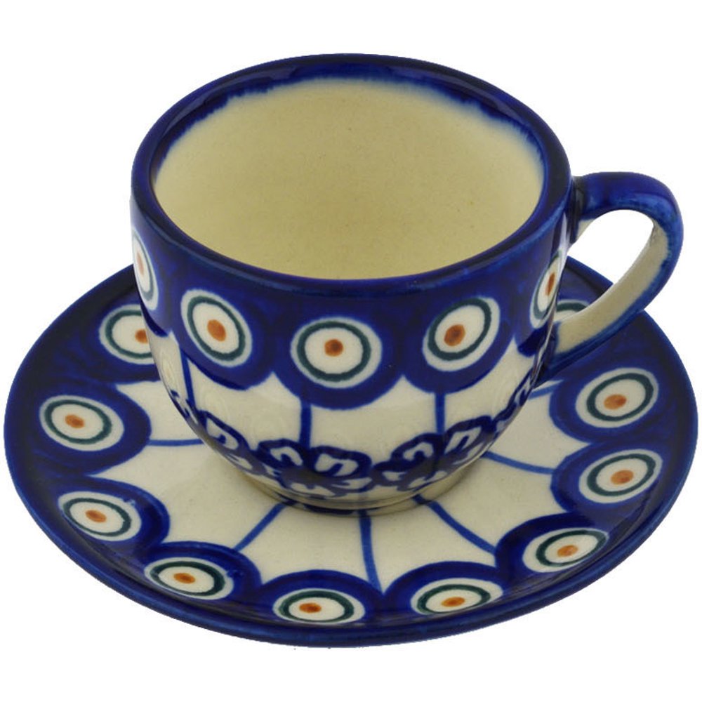 Polish Pottery 2 oz Espresso Cup with Saucer (Flowering Peacock Theme) Hand Painted in