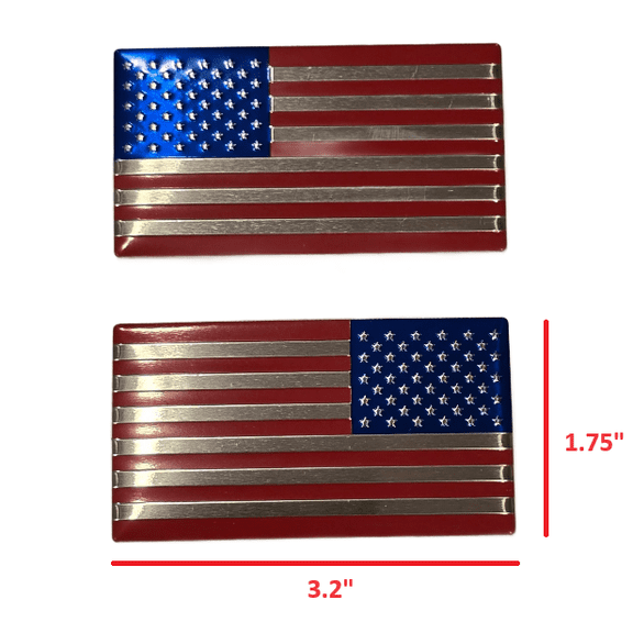 (SET of TWO) 3.2" x 1.75" Red Chrome Blue Aluminum Embossed Left & Right American Flag Decal Emblem Sticker Badge United States Stick On Fender Bed Car Truck Window Made in USA