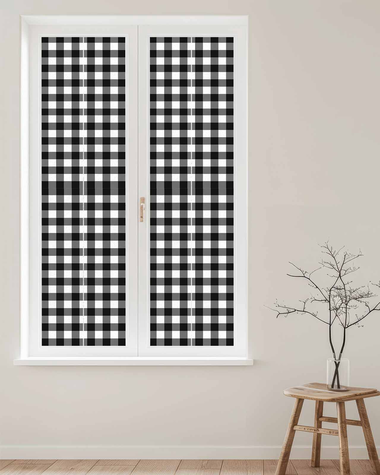 Window Privacy Film Black White Plaid Stained Glass Window Film Decorative Sun Block Window Cover Modern Simple Buffalo Check Gingham Window Clings Static Adhesive Sticker for Bathroom 17.7"x78.7"