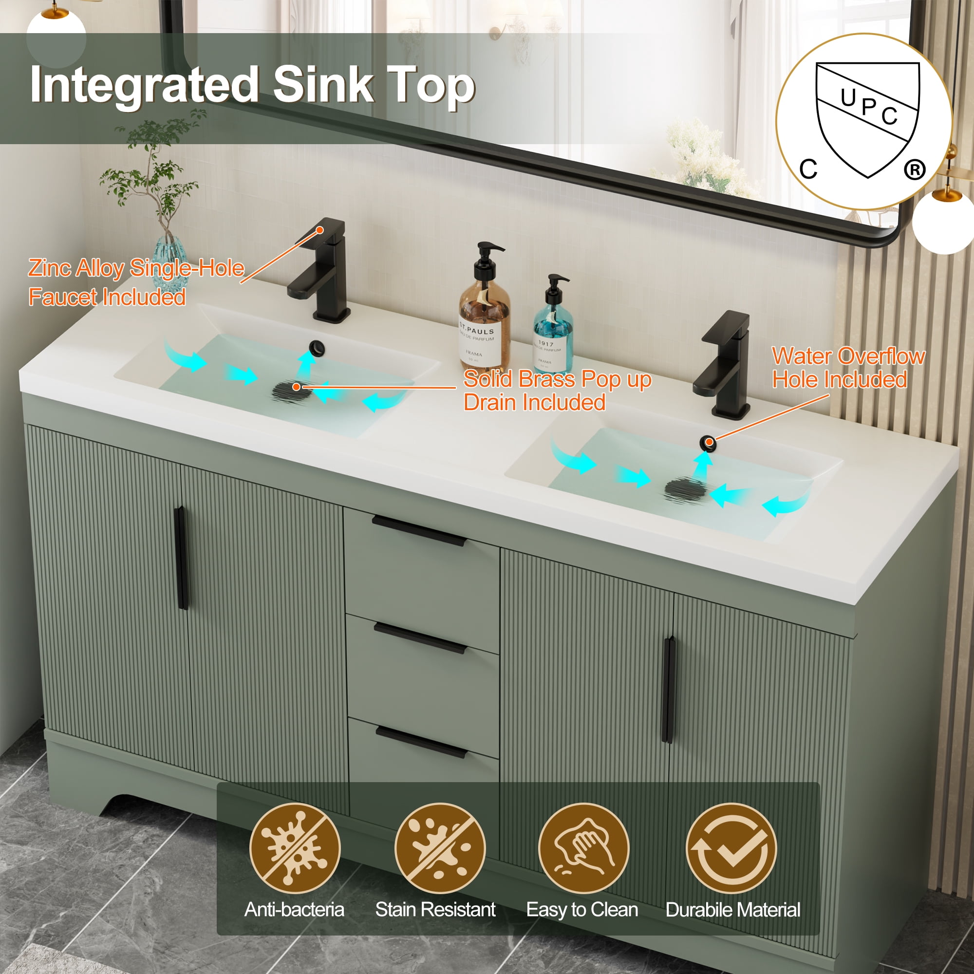 Eclife 60-inch Double Sink Bathroom Vanity with Integrated Tops, Soft-Close Hinges, Fluted Door Design, Mid-Century Modern