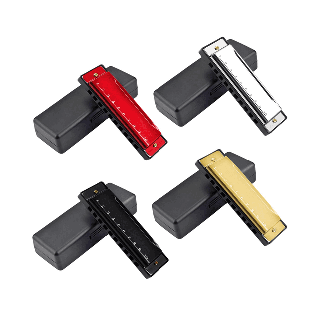 4-Piece Key of C Harmonica Set - 10-Hole 10-Tone Beginner Musical Instrument for Kids & Students, with Protective Case, Multicolor