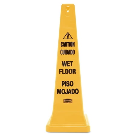 Rubbermaid Commercial Four-Sided Caution Wet Floor Yellow Safety Cone 12 1/4 x 12 1/4 x 36h 627677