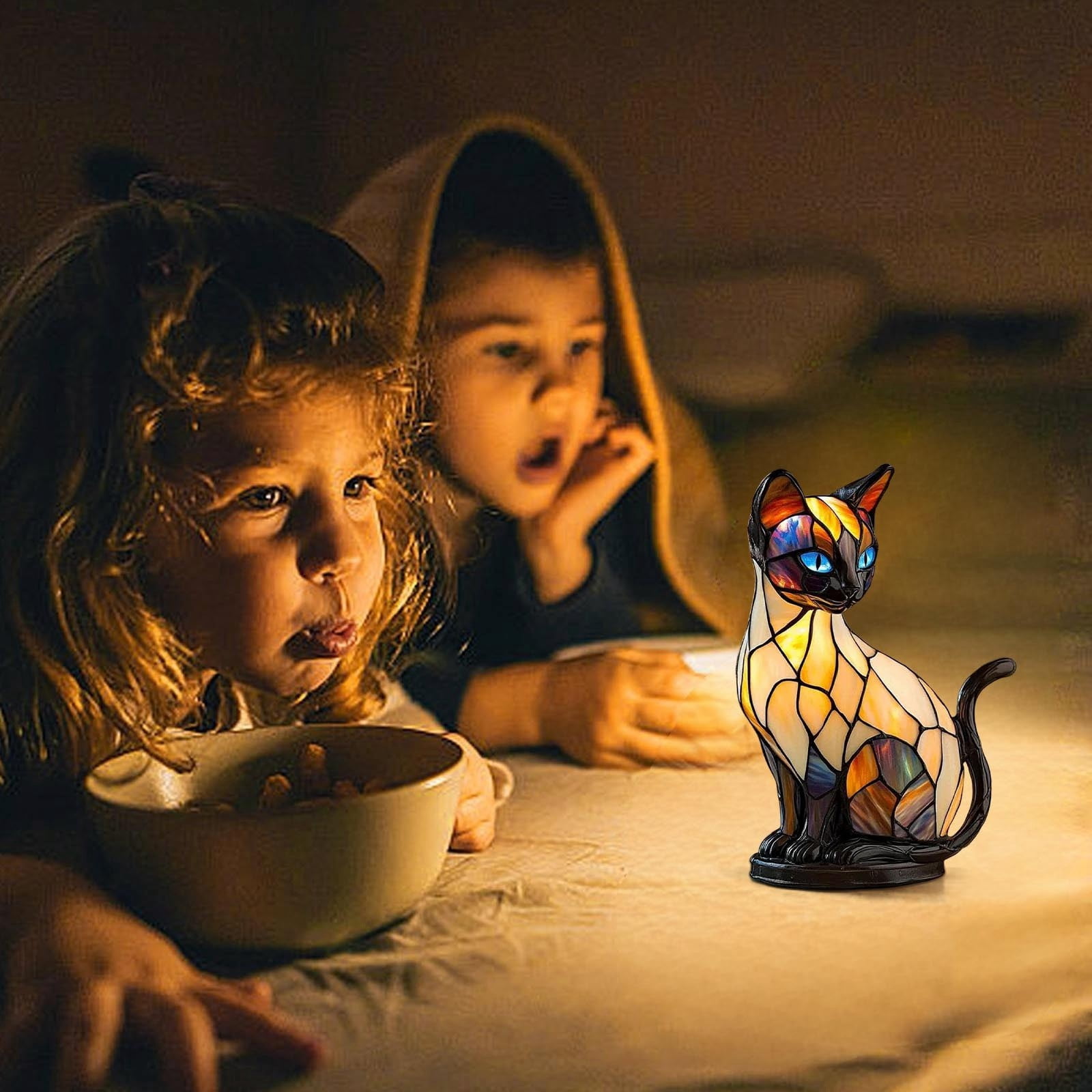 USB A+C Port Cat Lamp, Inch Stained Glass Mosaic Cat Night Light