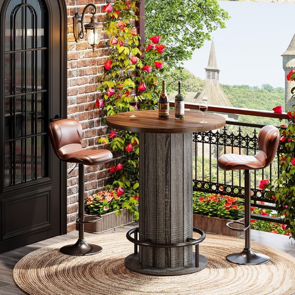 Finmind 39.4" Round Bar Table, Wood Bistro Pub Table with Metal Ring Footrest, Brown & Gray