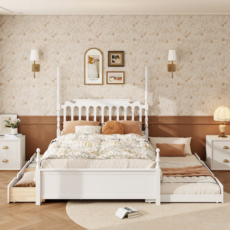 Queen Size Platform Bed with Twin XL Trundle and 2 Storage Drawers, Wooden Bed Frame with Vintage Spindle Headboard & Footboard