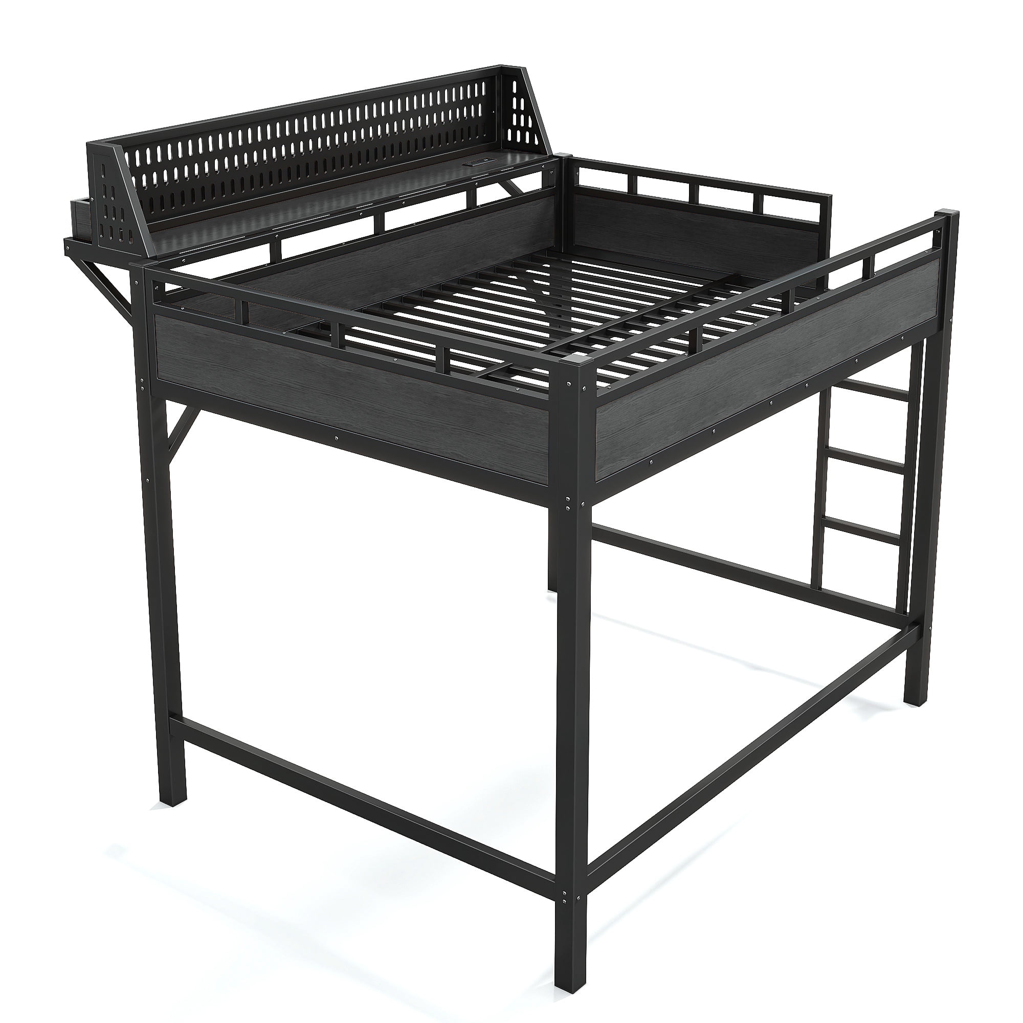 Aukfa Full Size Metal Loft Bed with USB Charging Ports, LED Lights & Bedside Shelves, Space-Saving Bed Frame for Kids & Adults, Black