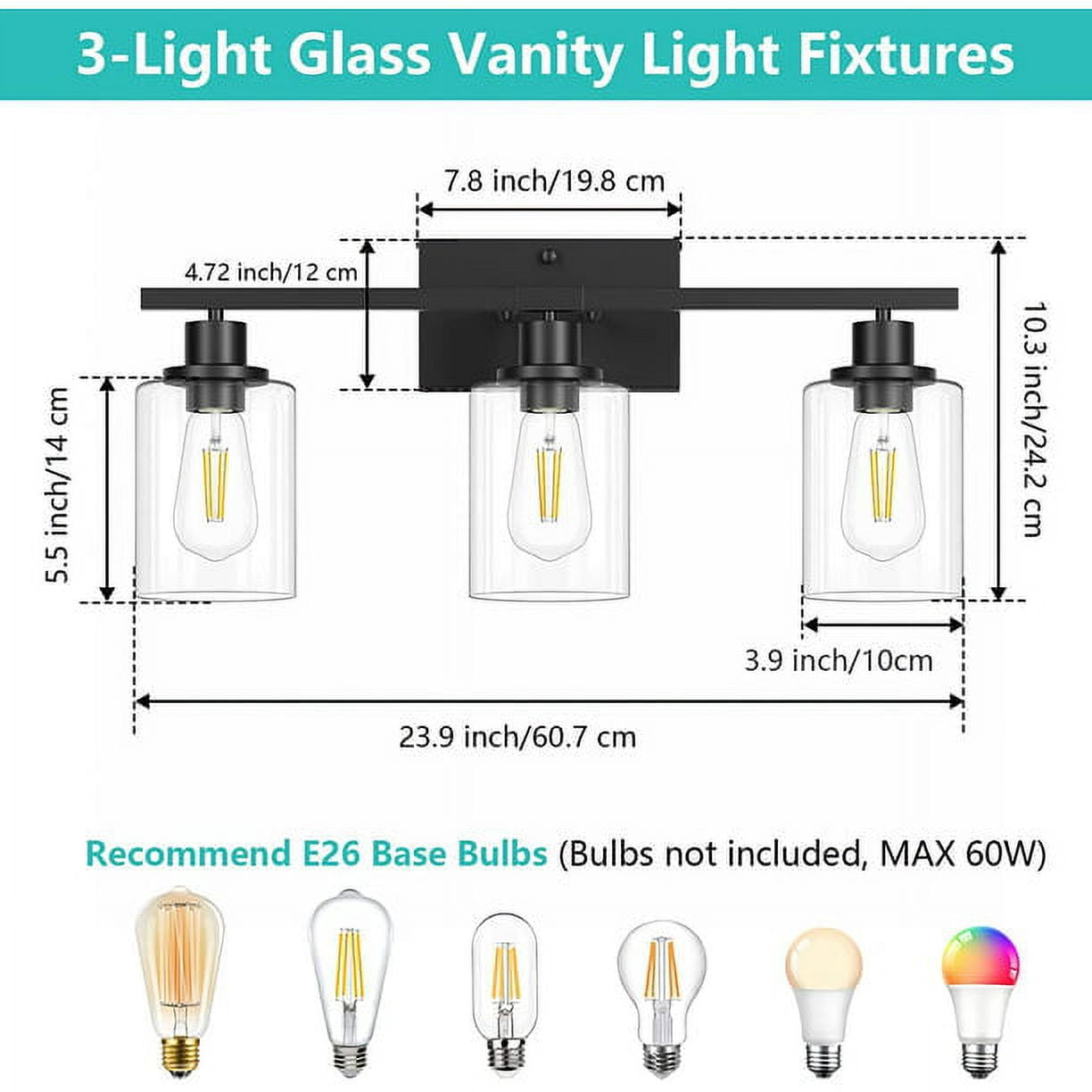 Bathroom Light Fixtures 3 Light Matte Black Vanity Light Vintage Wall Sconces Lighting Modern Bath Wall Mounted Lights with Glass