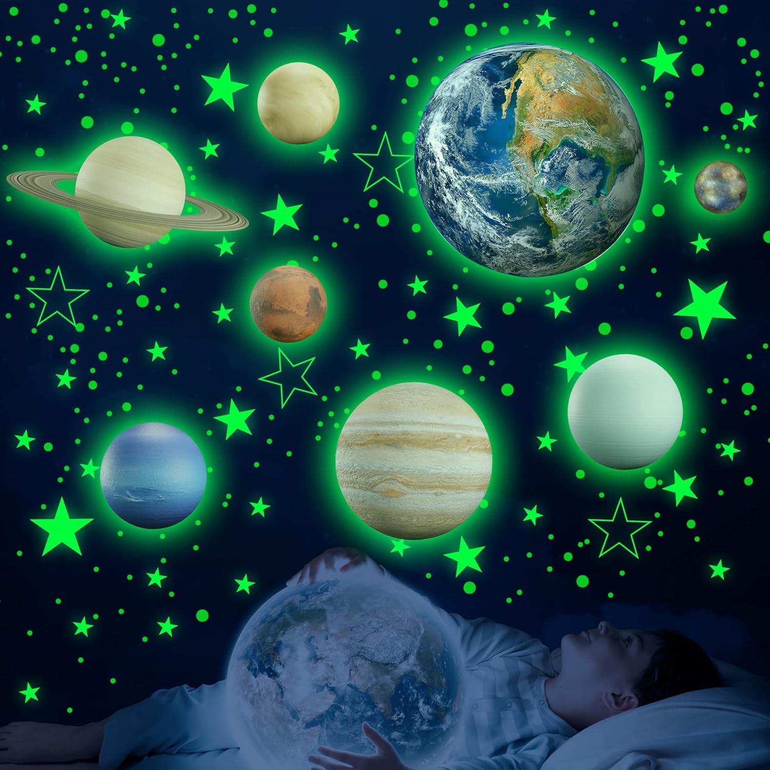 Glow in The Dark Stars Solar System Wall Decals, The Earth Wall Stickers for Bedroom, Baby Nursery Planets Sticker Decoration for Ceiling (Green)