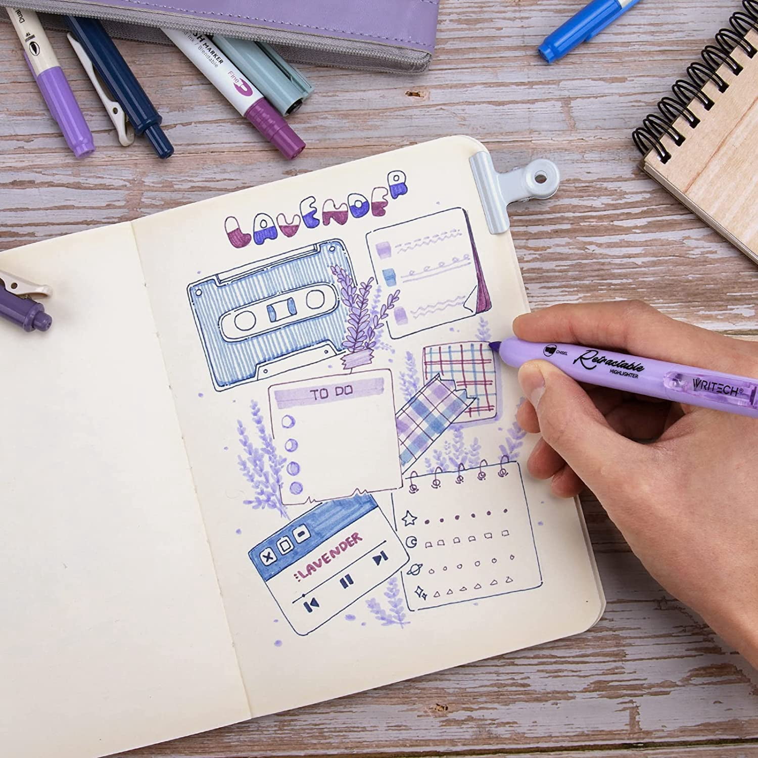 WRITECH Journaling Kit, Gel Ink Pens/Retractable Highlighters/Dual Tip Brush Pens/Fineliner Pens, Smooth Writing Assorted Colors Journaling Supplies, 9 Count with Pen Bag (Haze blue & purple)