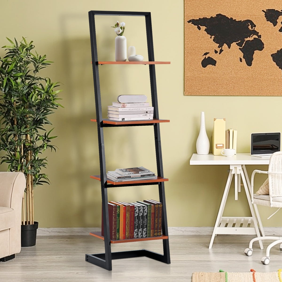 Insma Wooden 4 Tier Industrial Ladder Bookcase Ladder Shelf Bookshelf