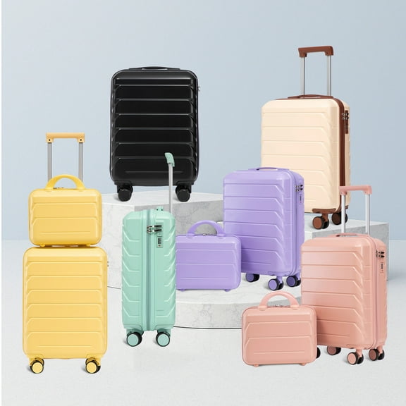 Hardside Luggage 14"/20" 2 pcs/set in ABS Spinner Wheel Luggage, with Combination Lock,14" Cosmetic Case (Beige),Hardside Suitcase