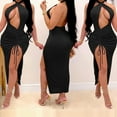 thumbnail image 3 of Trendy Girls Tunic Split Halter Dress Olyvenn Trendy Short Sleeve Crew-Neck Beach Dress Women's Trendy Color Hollow Out Backless Draw String Dress Black XL, 3 of 9