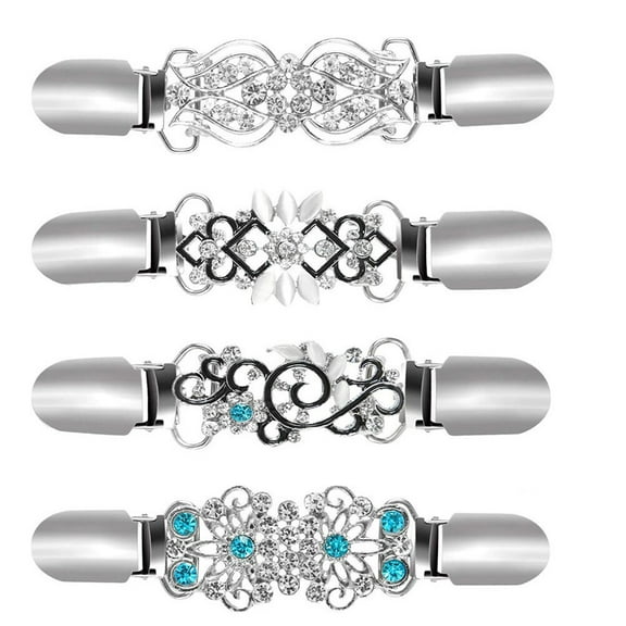 1 Set 4 Pcs Rhinestone Sweater Clips Cardigan Clips Clothes Accessories (Silver)