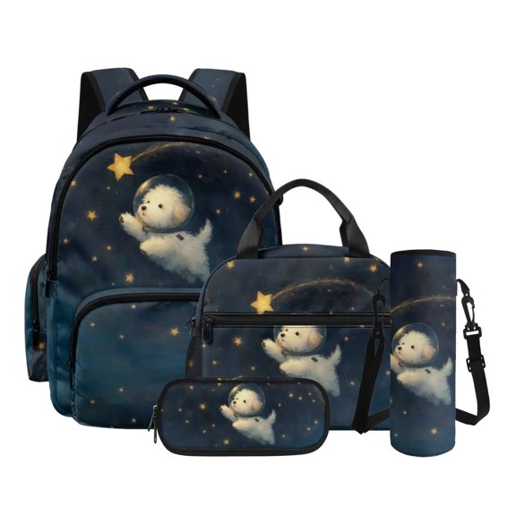 Xoenoiee Bichon Frise Astronaut Star Print 4 PCS Backpack Set for Girls Kids Large Capacity Student Schoolbags Bookbag Knapsack with Cooler Lunch Box Pencil Case Water Bottle Sleeve