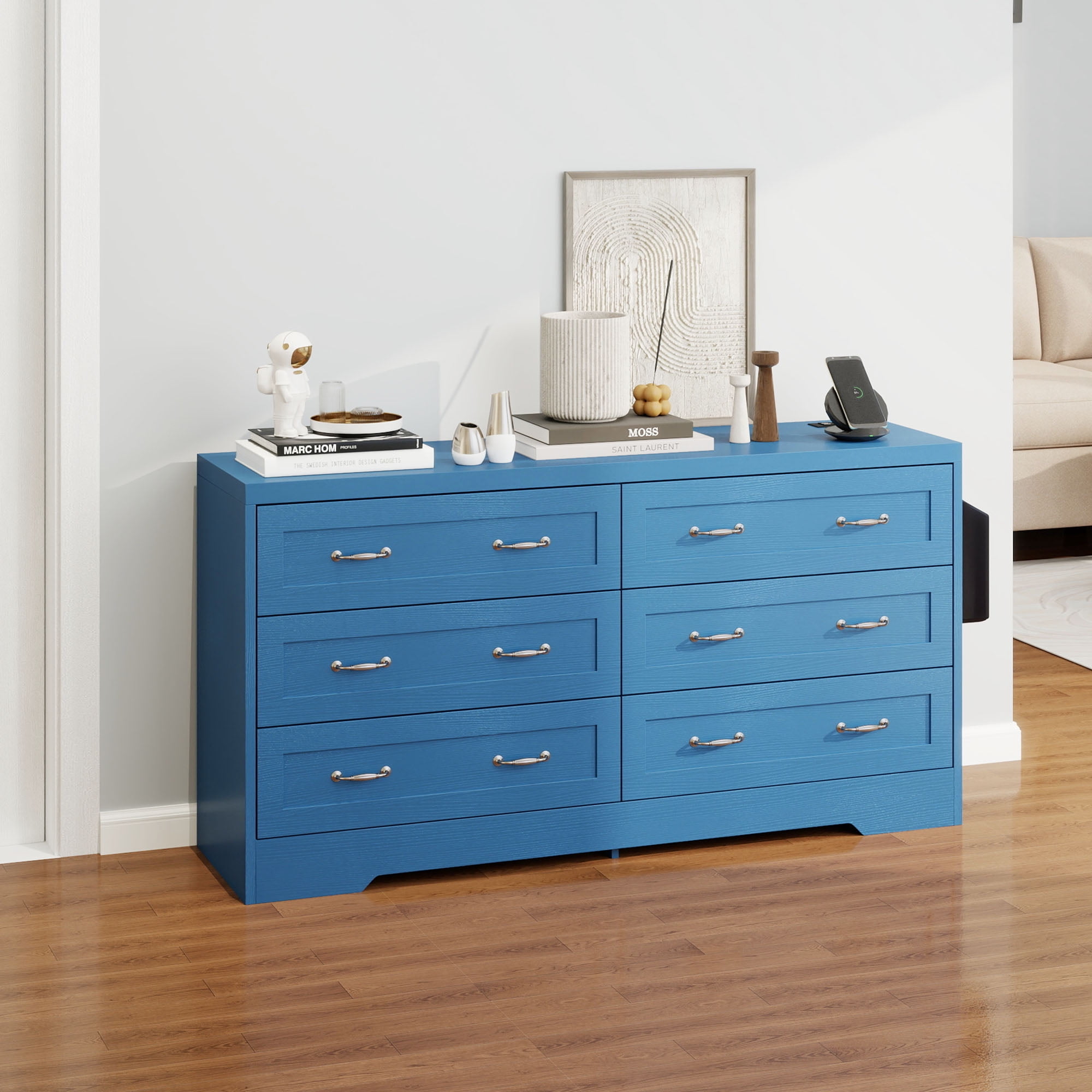 Uforic 6-Drawer Wood Dresser with Power Outlets, Chest of Drawers Double Dresser, Blue