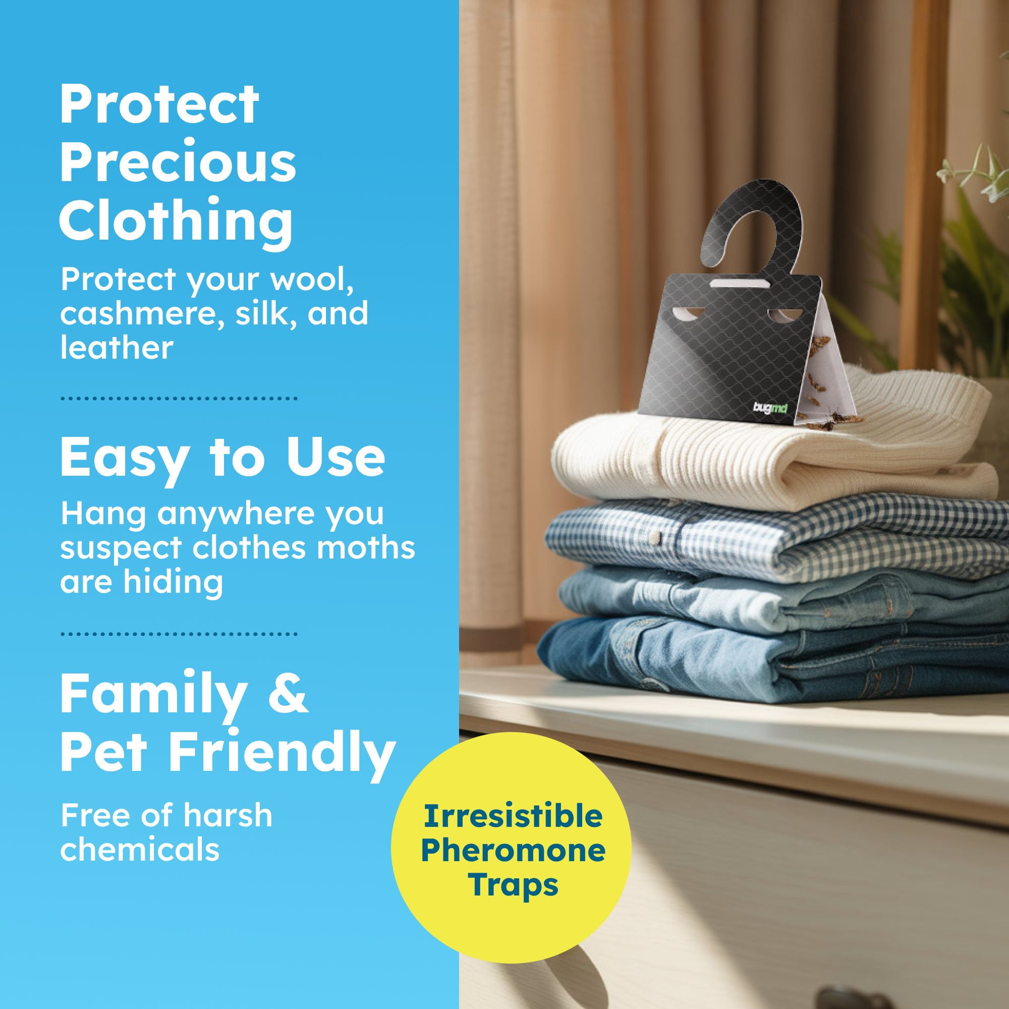 BugMD Clothes & Pantry Moth Traps (6 Count) – Sticky Glue Pheromone-Based Repellent for Closets, Cabinets & Wardrobes – Non-Toxic - Black
