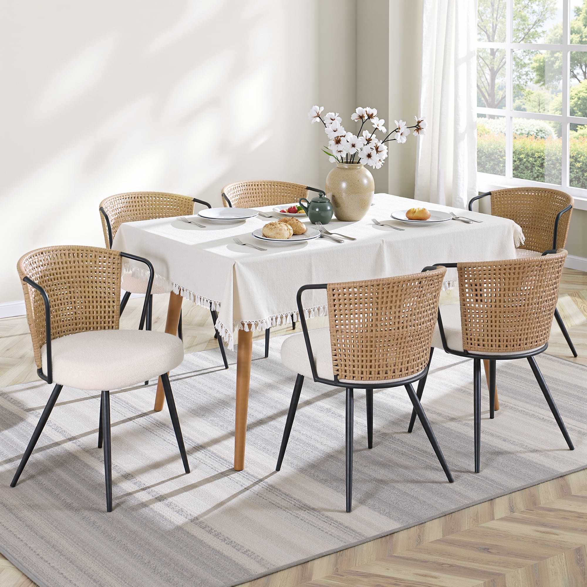 Sailvan Dining Chair Set of 2, Accent Rattan Dining Room Chairs, Modern Kitchen Chairs with Lamb Fleece Cushion, Mid Century Style Living Room Chairs, Easy Assembly, Brown