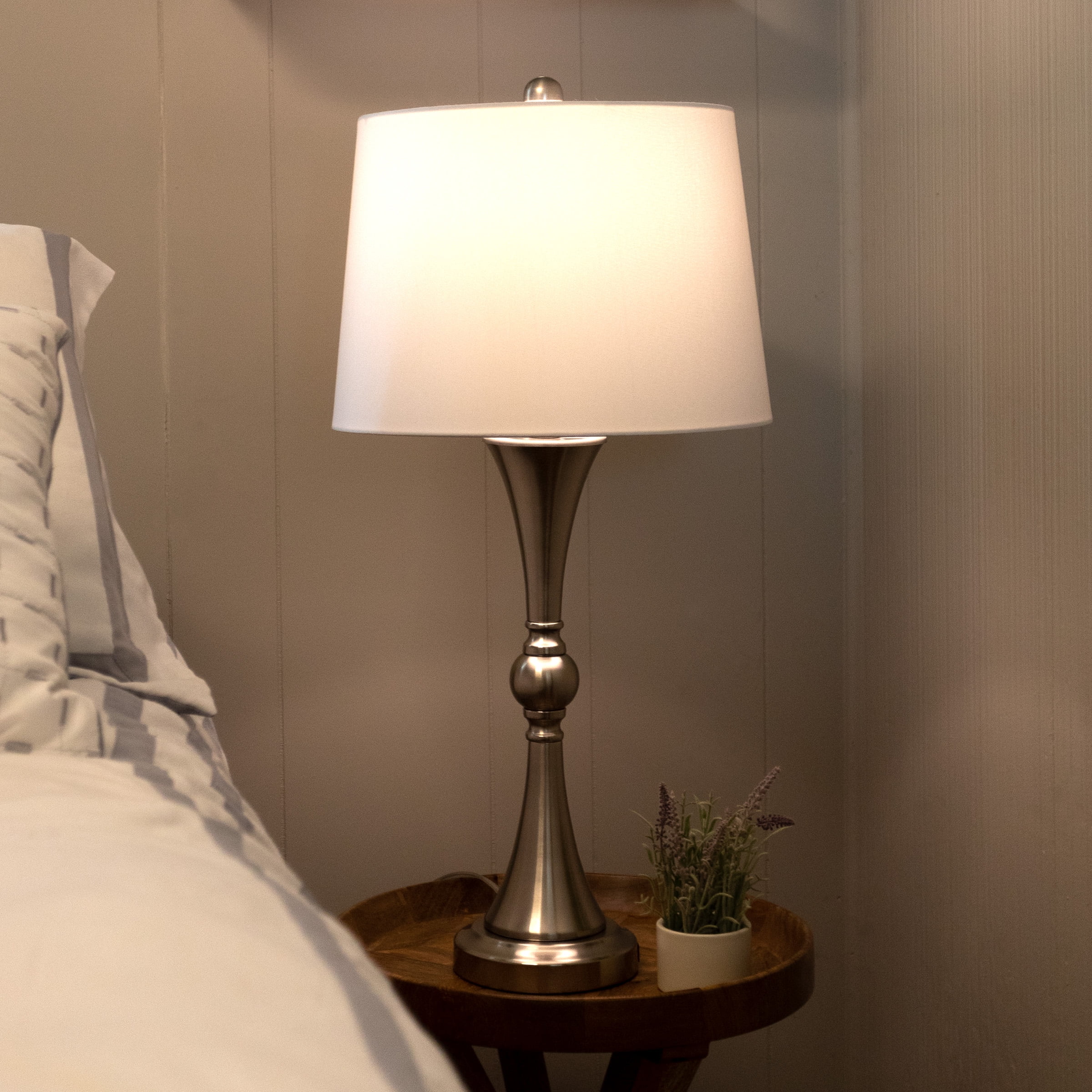 Lavish Home Set of 2 Table Lamps with USB Charging Ports (Brushed Silver)