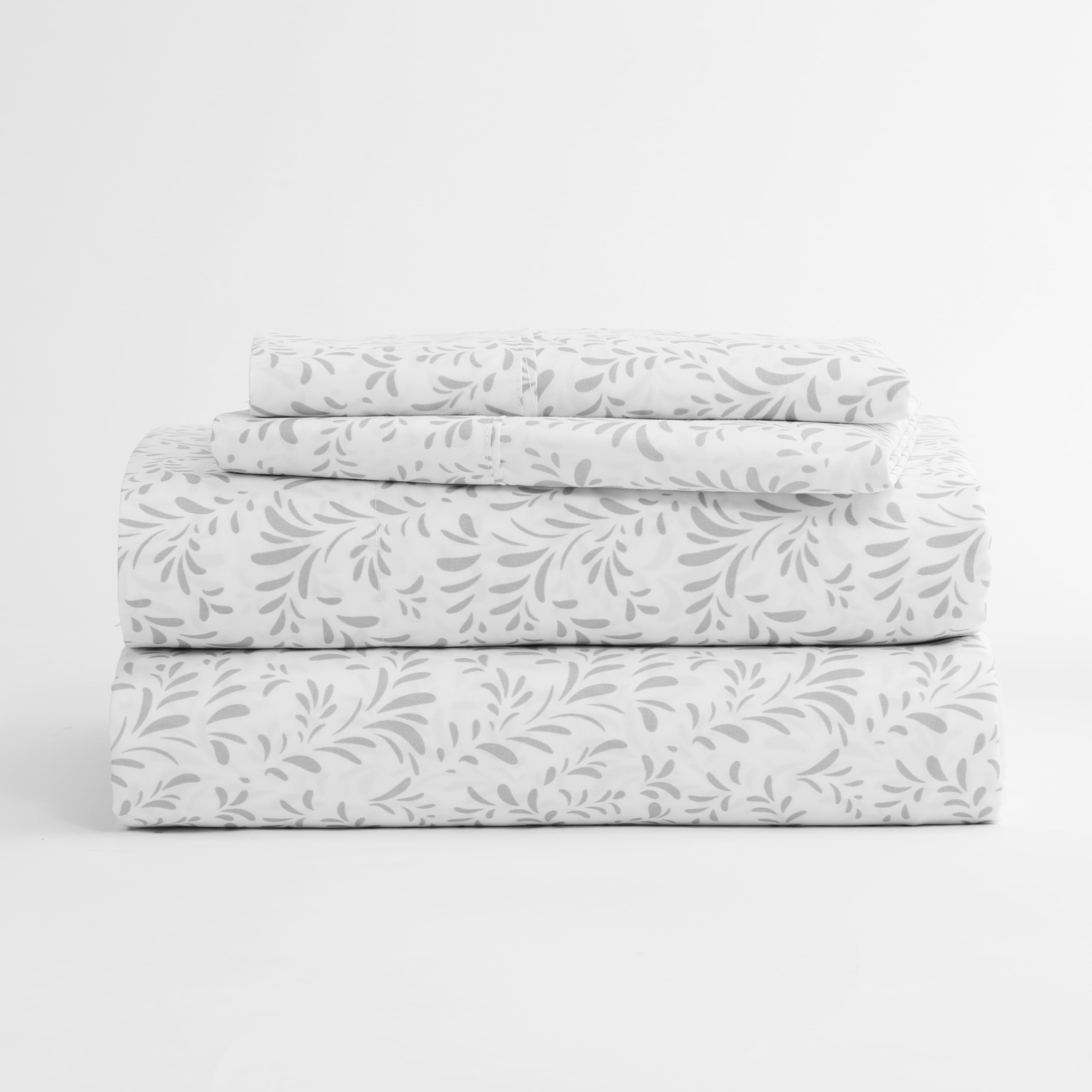 Noble Linens 4 Piece Pattern Microfiber Bed Sheets Set, Light Gray Ultra Burst of Vines, King