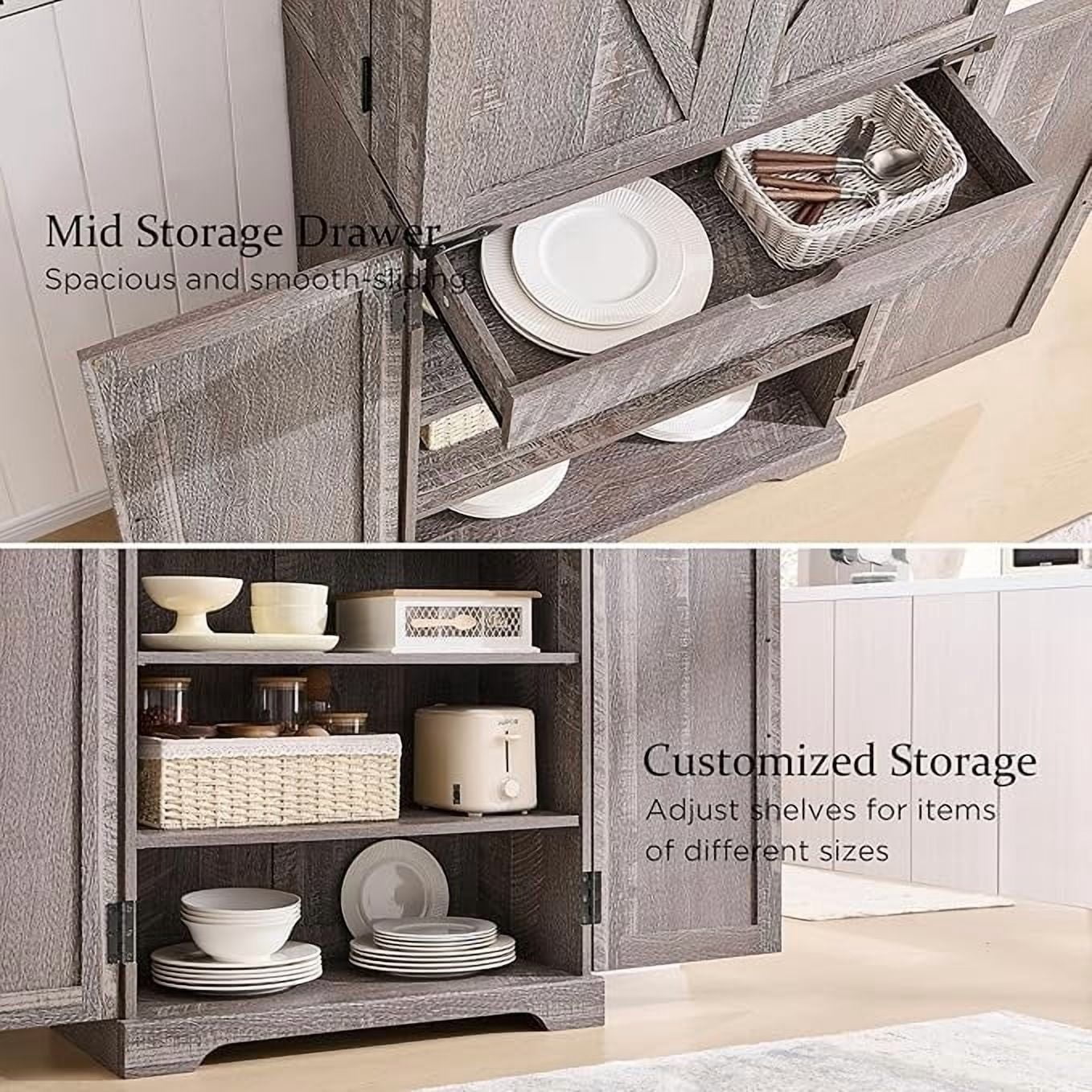 ACCOHOHO 72" Tall Kitchen Pantry, Farmhouse Storage Cabinet with Barn Doors, Drawer and Adjustable Shelves, Rustic Wood Cupboard for Kitchen, Dining Room, Bathroom, Rustic Grey
