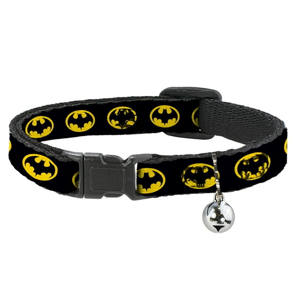 DC Comics Breakaway Cat Collar With Bell, Plastic Clip, Easy Adjustable, Batman 1989 Logo Black Yellow, 8.5 to 12 Inches 0.5 Inch Wide