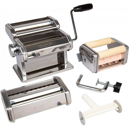 

Pasta Maker Deluxe Set 5 Piece Steel Machine with Spaghetti Fettuccini Roller Angel Hair Ravioli Noodle Lasagnette Cutter Attachments Includes Hand Crank Counter Top Clamp & Cleaning Brush